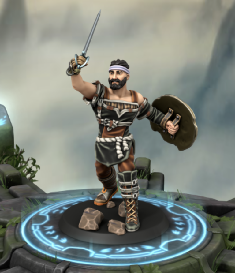 A screen capture of the HeroForge mini I created to represent my character, Dorn. A muscular human holds a rapier up in the air in his right hand, while wearing a dented shield on the left. His armor and clothing is somewhat mis-matched.